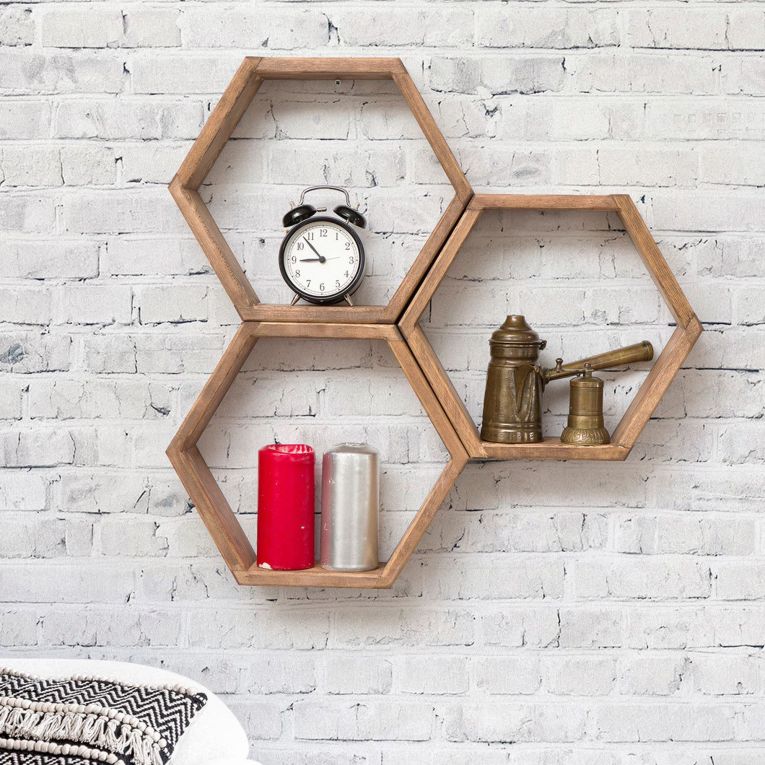 Mensola Marrone Rovere 3 Ripiani Effetto Geometrico 61x9x58h cm, Sfumatura Colore Struttura Rovere - Bulciago