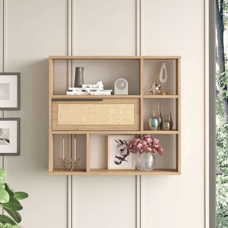Mensola Marrone Rovere 5 Ripiani Anta Effetto Paglia di Vienna 90x22x81h cm, Sfumatura Colore Struttura Rovere - Coeli