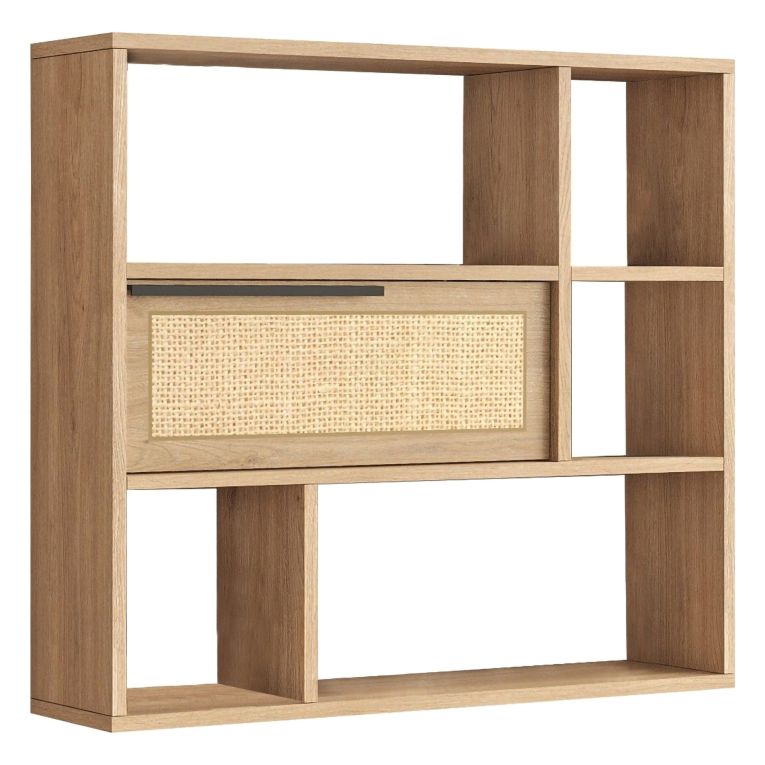 Mensola Marrone Rovere 5 Ripiani Anta Effetto Paglia di Vienna 90x22x81h cm, Sfumatura Colore Struttura Rovere - Coeli