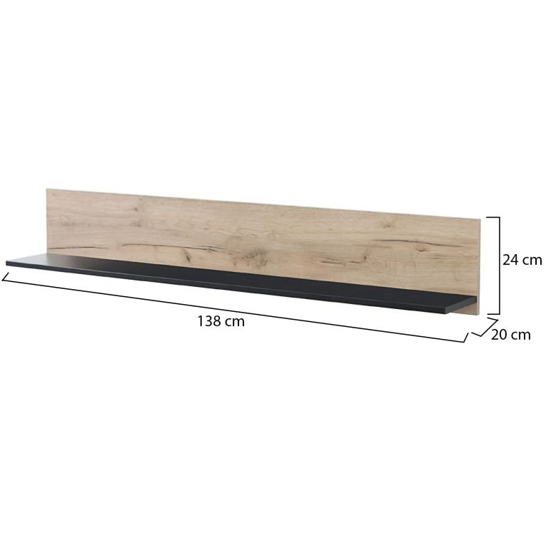 Mensola Marrone Rovere Grigio Nero un Ripiano 137.5x19.5x24h cm, Portata Ripiani 5 - Caines