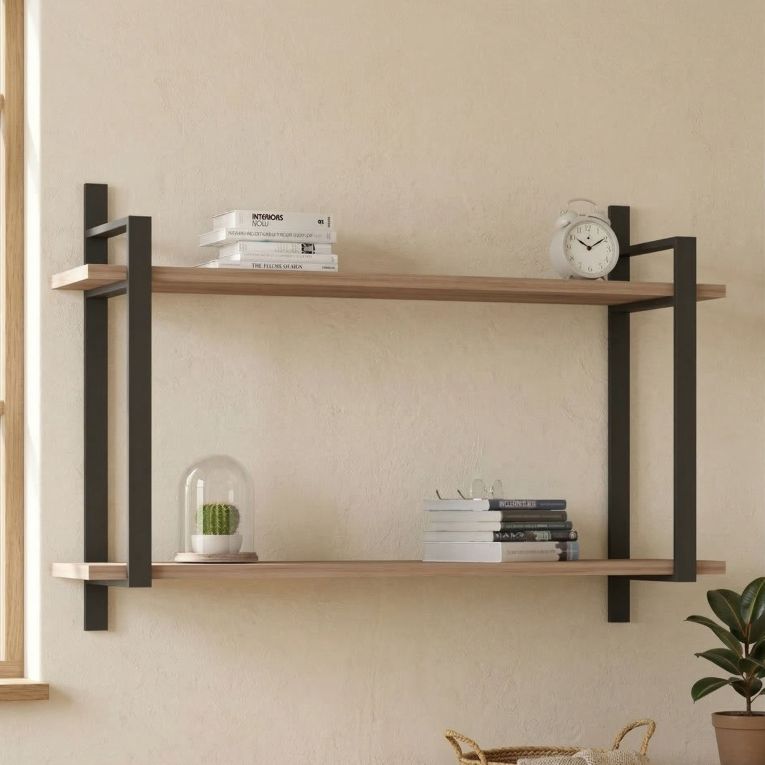 Mensola Marrone Rovere Nero 2 Ripiani Colore Struttura Nero 90x22x60h cm, Sfumatura Colore Struttura Rovere - Pralungo