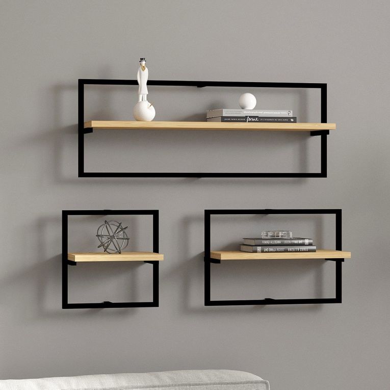 Mensola Marrone Rovere Nero 3 Ripiani set da 3 Mensole 80x20x30h cm, Colore Struttura Nero - Gandosso