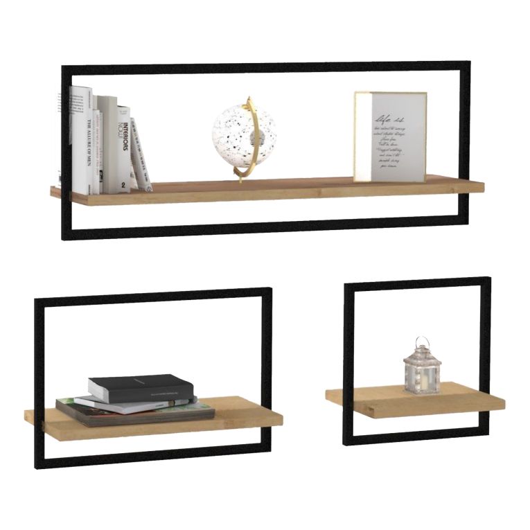 Mensola Marrone Rovere Nero 3 Ripiani set da 3 Mensole 80x20x30h cm, Colore Struttura Nero - Gandosso
