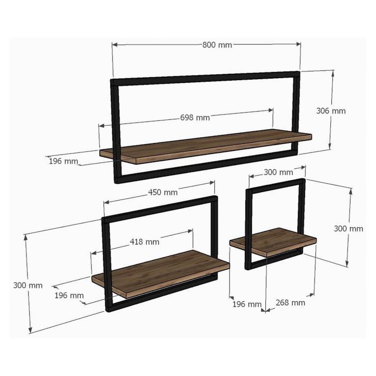Mensola Marrone Rovere Nero 3 Ripiani set da 3 Mensole 80x20x30h cm, Colore Struttura Nero - Gandosso