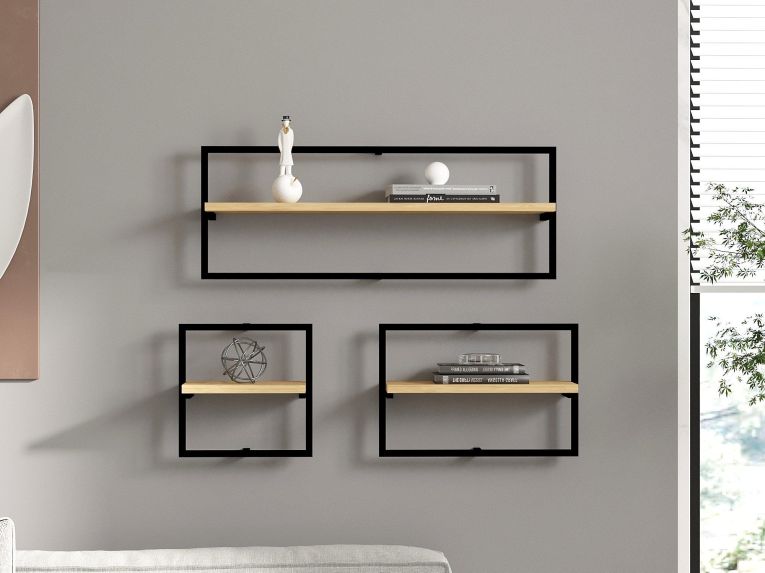 Mensola Marrone Rovere Nero 3 Ripiani set da 3 Mensole 80x20x30h cm, Colore Struttura Nero - Gandosso