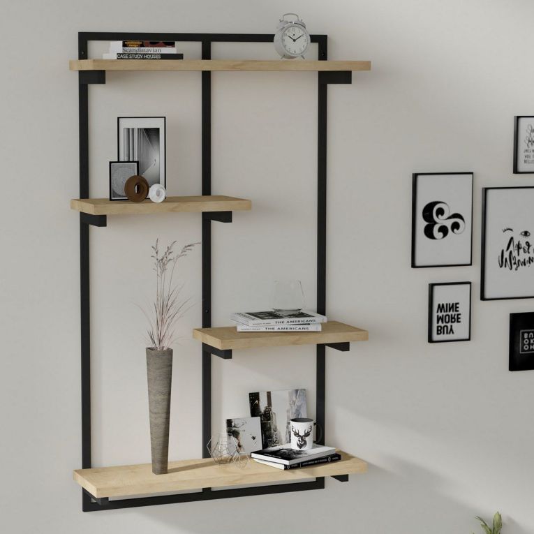 Mensola Marrone Rovere Nero 4 Ripiani Colore Struttura Nero 70x15x120h cm, Materiale Struttura in Metallo - Oderzo