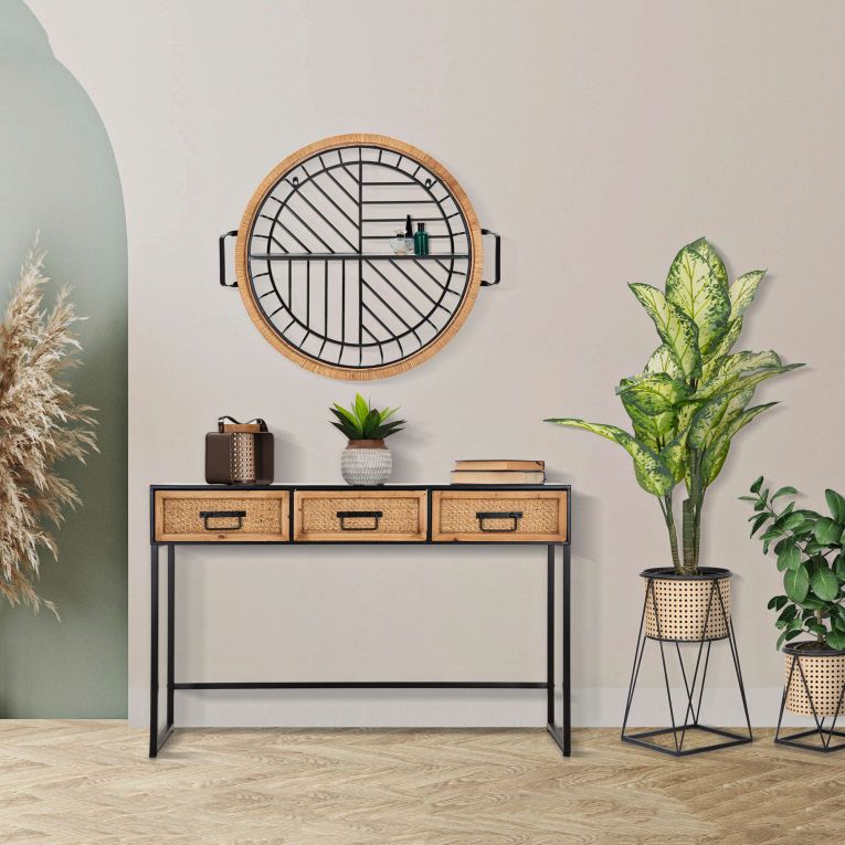 Mensola Marrone Rovere Nero un Ripiano Cornice in Rattan Intrecciato 73x18x65h cm, Sfumatura Colore Struttura Rovere - Homer
