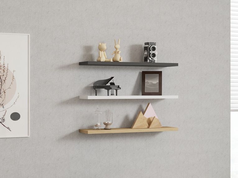 Mensola Nero Antracite Marrone Rovere 3 Ripiani set da 3 60x15x2h cm, Colore Struttura Marrone - Meina