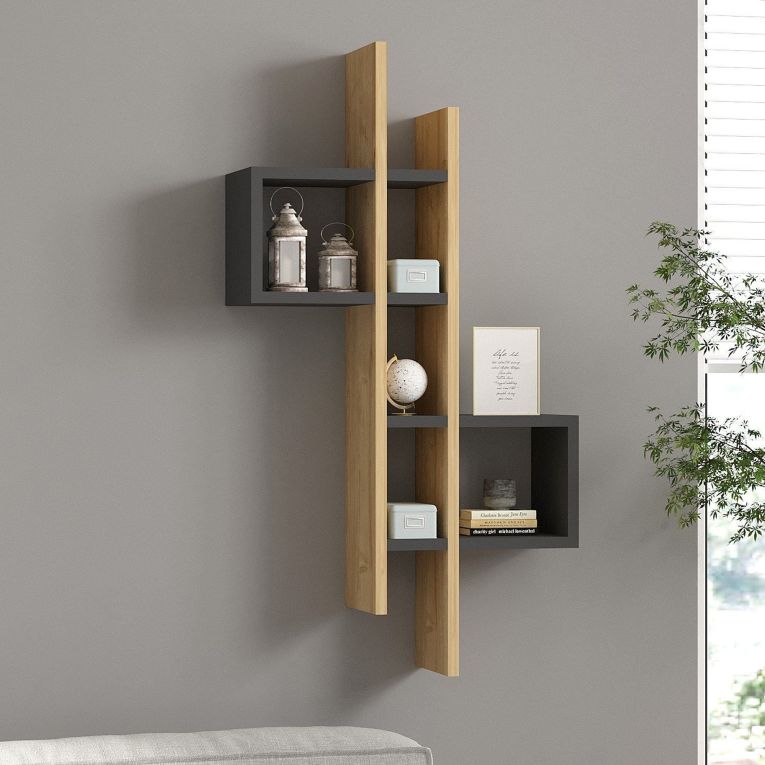 Mensola Nero Antracite Marrone Rovere 8 Ripiani Colore Struttura Marrone 54x20x108h cm, Sfumatura Colore Struttura Antracite - Cupello