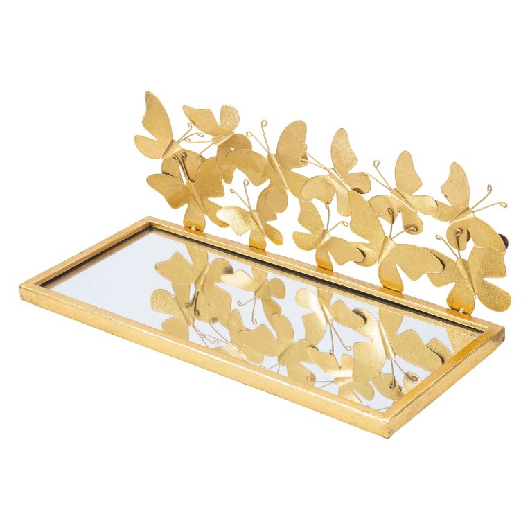 Mensola oro Trasparente un Ripiano Dettaglio con Farfalle 43x19x17h cm, Materiale Struttura in Vetro - Iqalui