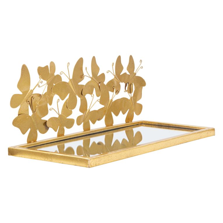 Mensola oro Trasparente un Ripiano Dettaglio con Farfalle 43x19x17h cm, Materiale Struttura in Vetro - Iqalui