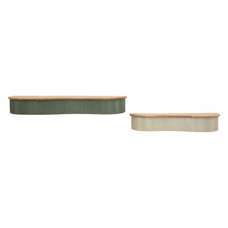 Mensola Verde Beige 2 Ripiani Finitura a Coste Verticali e Piano Effetto Legno 15x20x89h cm, Materiale Struttura in Metallo - Fabalela