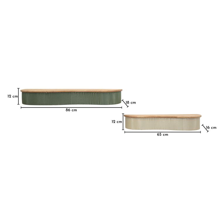 Mensola Verde Beige 2 Ripiani Finitura a Coste Verticali e Piano Effetto Legno 15x20x89h cm, Materiale Struttura in Metallo - Fabalela