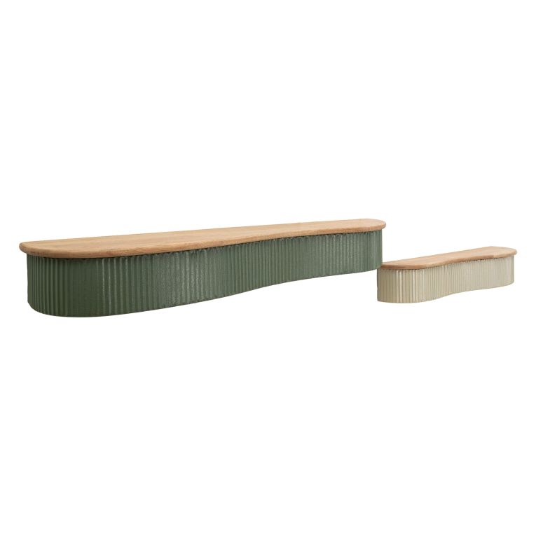 Mensola Verde Beige 2 Ripiani Finitura a Coste Verticali e Piano Effetto Legno 15x20x89h cm, Materiale Struttura in Metallo - Fabalela