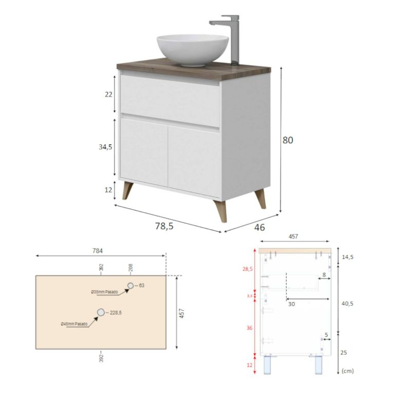 Mobile bagno moderno 1 cassetto 78x80x46h cm bianco lucido e rovere - Furie