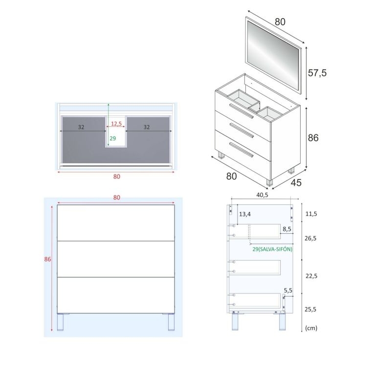 Mobile bagno moderno 3 cassetti 80x86x45h cm bianco lucido - Elleboro