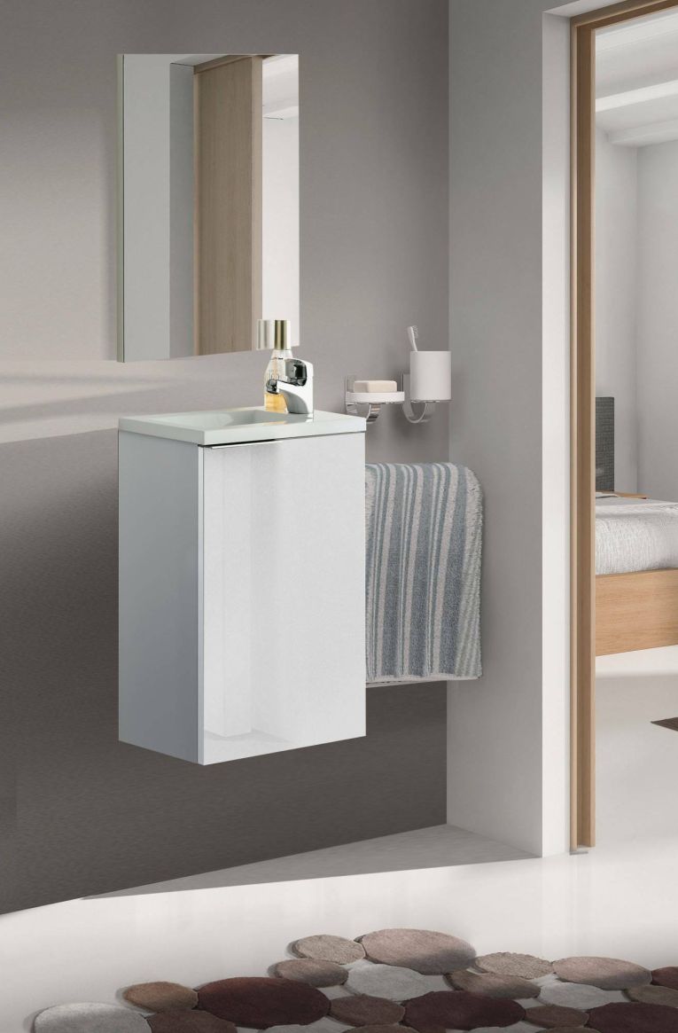 Mobile bagno sospeso con specchio 40x58x22h cm bianco lucido - Akamaru