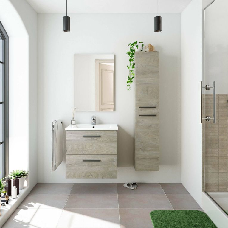 Mobile bagno sospeso con specchio 60x57x45h cm rovere - Affa