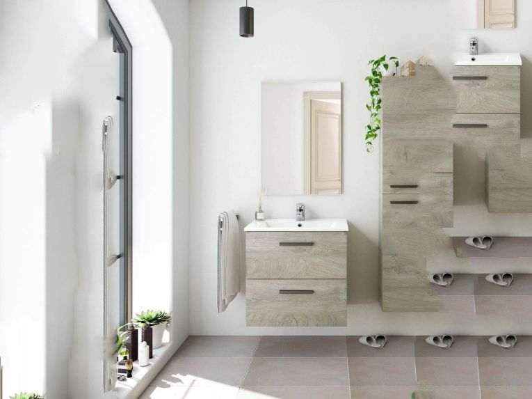 Mobile bagno sospeso con specchio 60x57x45h cm rovere - Affa