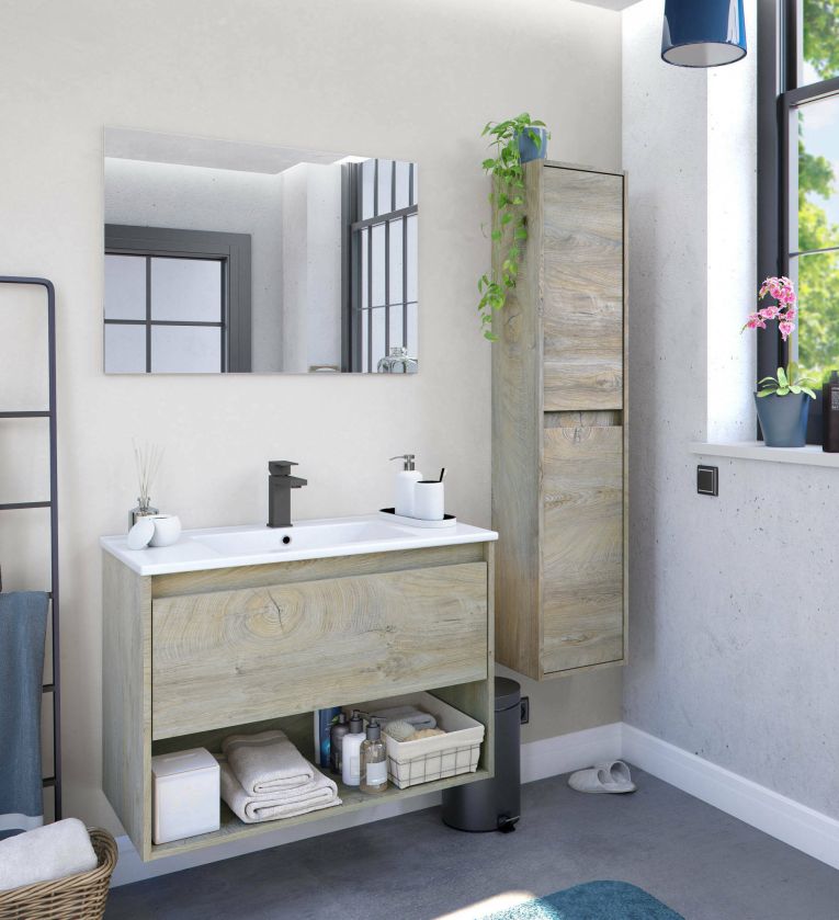 Mobile bagno sospeso con specchio 80x45x59h cm rovere e bianco - Akne