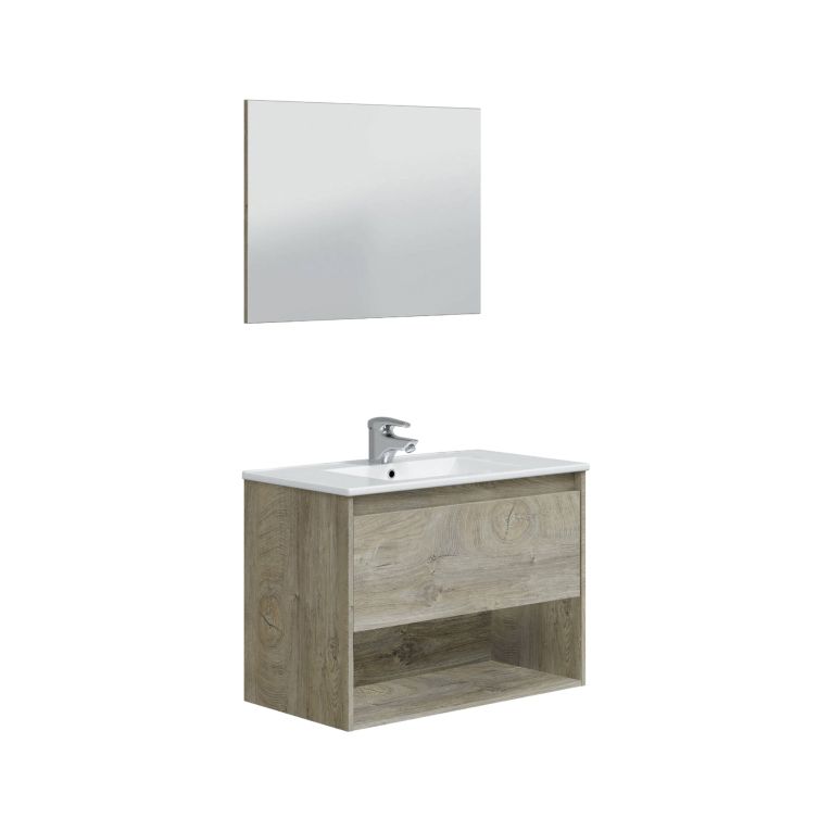 Mobile bagno sospeso con specchio 80x45x59h cm rovere e bianco - Akne