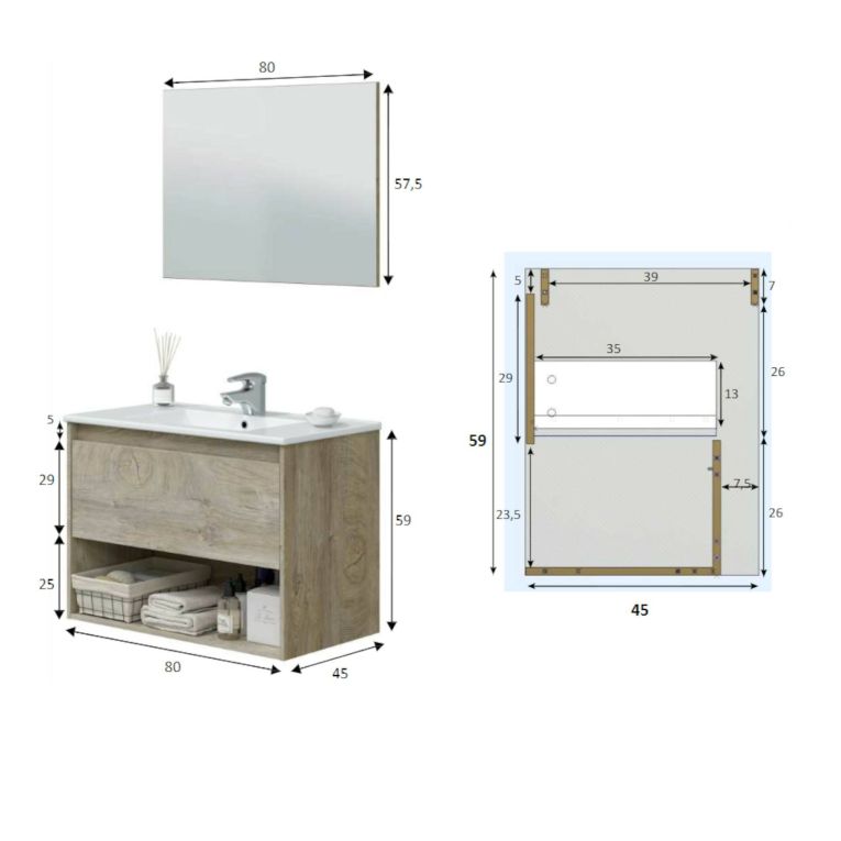 Mobile bagno sospeso con specchio 80x45x59h cm rovere e bianco - Akne