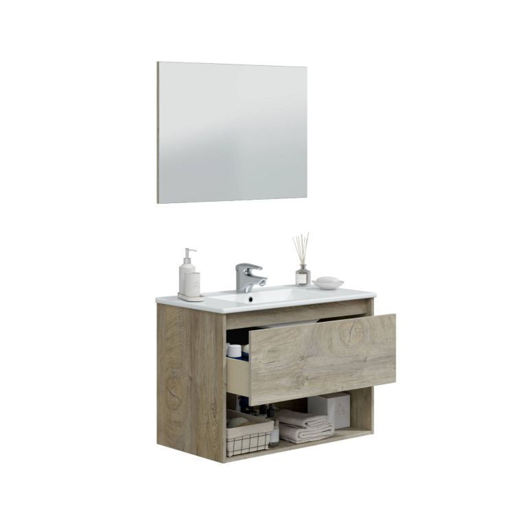Mobile bagno sospeso con specchio 80x45x59h cm rovere e bianco - Akne