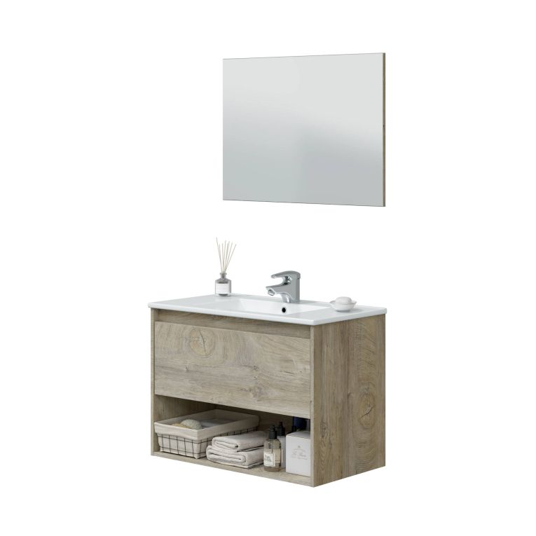Mobile bagno sospeso con specchio 80x45x59h cm rovere e bianco - Akne
