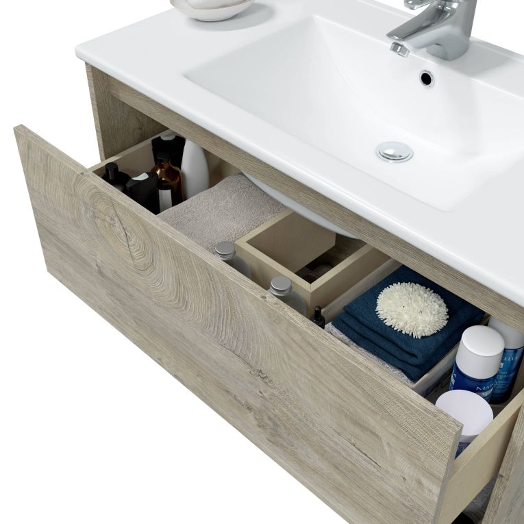 Mobile bagno sospeso con specchio 80x45x59h cm rovere e bianco - Akne