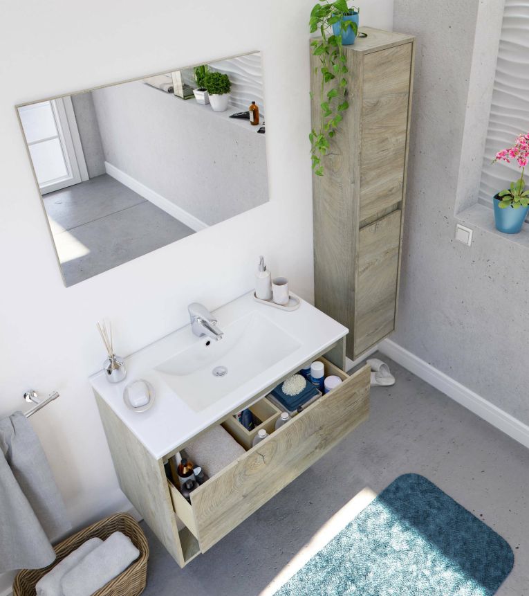 Mobile bagno sospeso con specchio 80x45x59h cm rovere e bianco - Akne