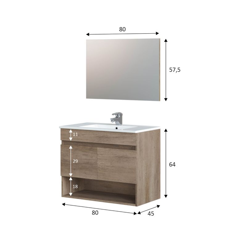 Mobile bagno sospeso con specchio 80x64x45h cm quercia - Enio