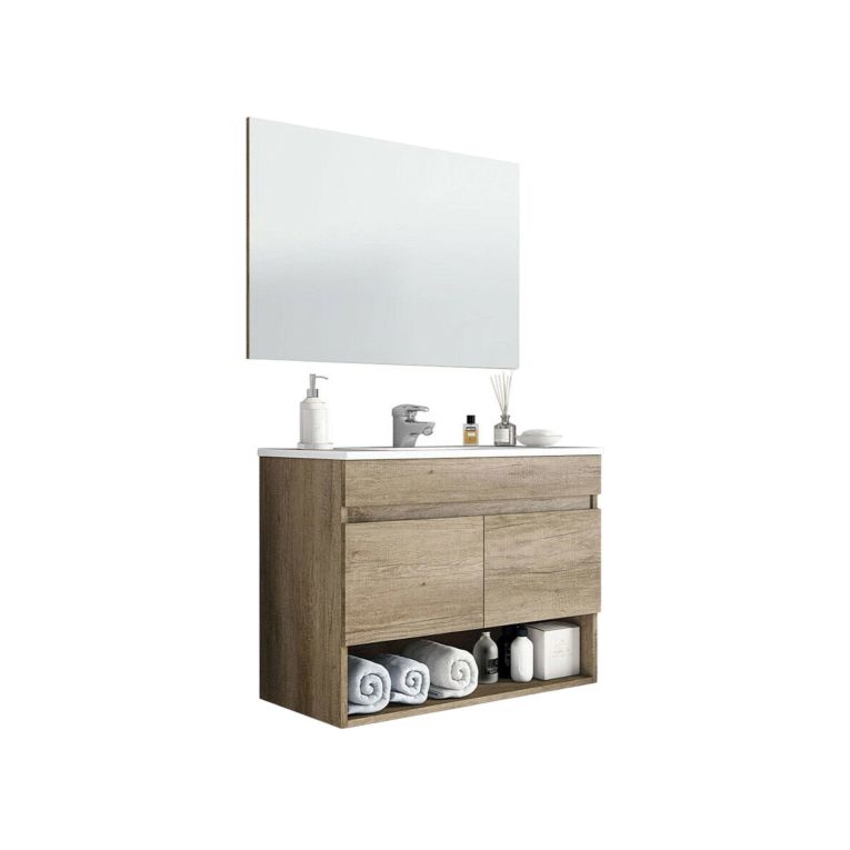 Mobile bagno sospeso con specchio 80x64x45h cm quercia - Enio