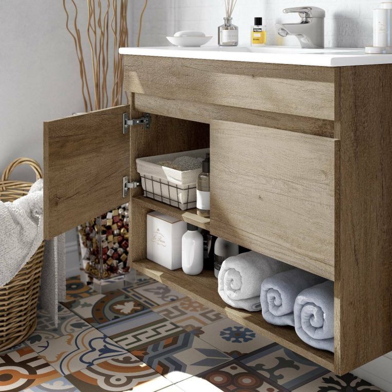 Mobile bagno sospeso con specchio 80x64x45h cm quercia - Enio