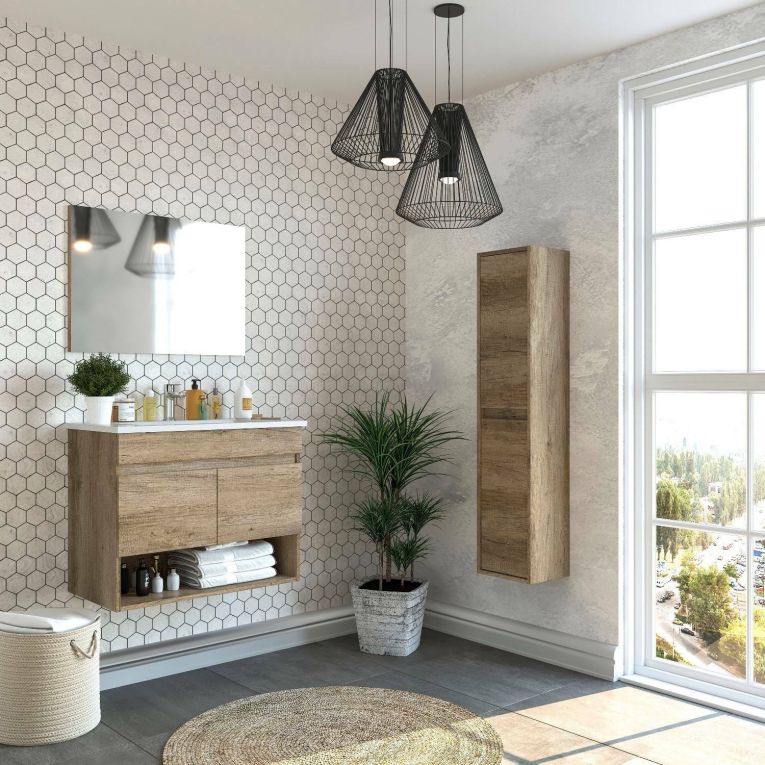 Mobile bagno sospeso con specchio 80x64x45h cm quercia - Enio