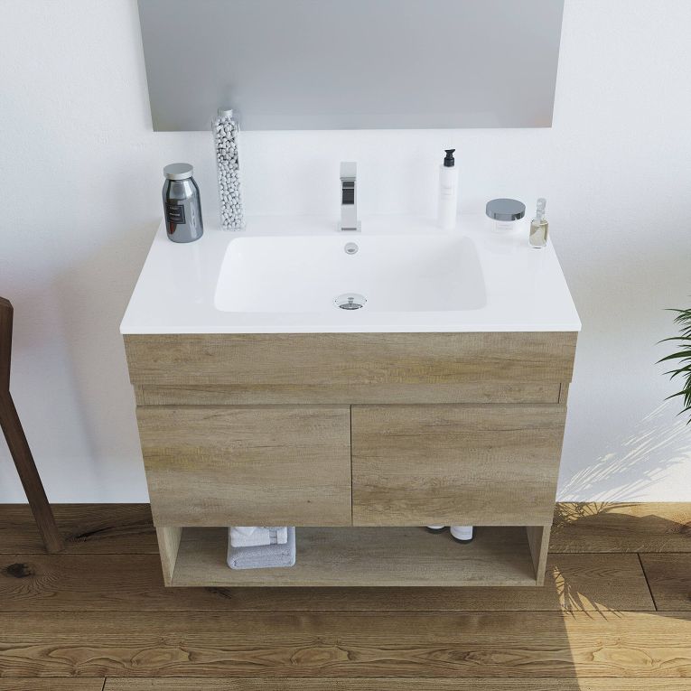 Mobile bagno sospeso con specchio 80x64x45h cm quercia - Enio