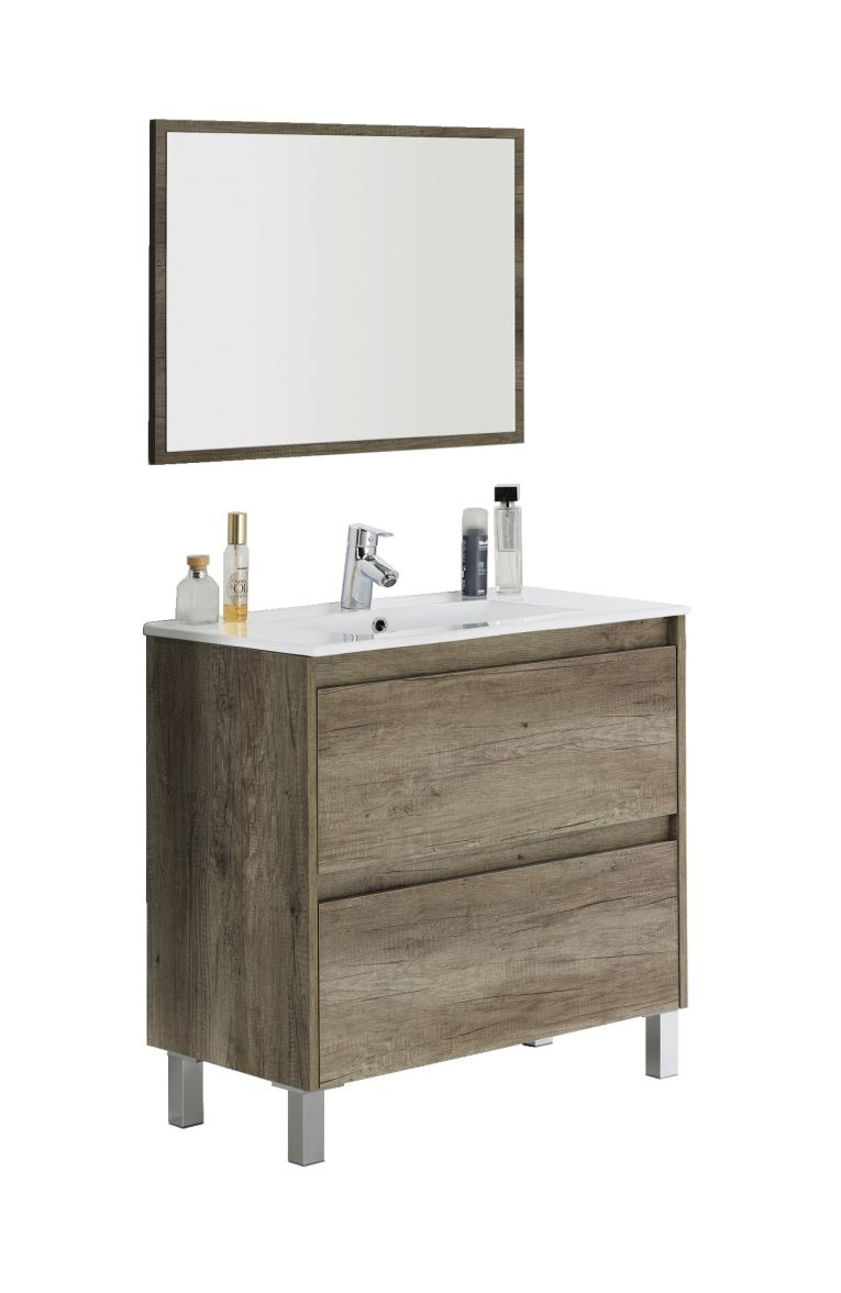 Mobile bagno sospeso con specchio 80x80x45h cm quercia - Alis
