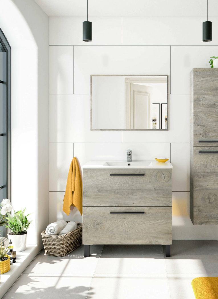 Mobile bagno sospeso con specchio 80x80x45h cm rovere - Abissalino
