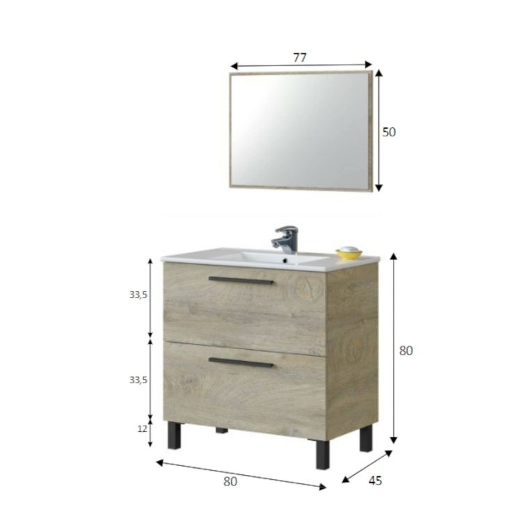 Mobile bagno sospeso con specchio 80x80x45h cm rovere - Abissalino