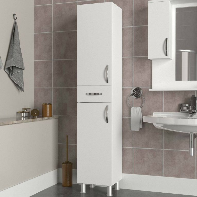 Mobile colonna Arkab, Pensile bagno o cucina, Armadio alto multifunzione, Mobiletto multiuso, 35x31 h179 cm, Bianco