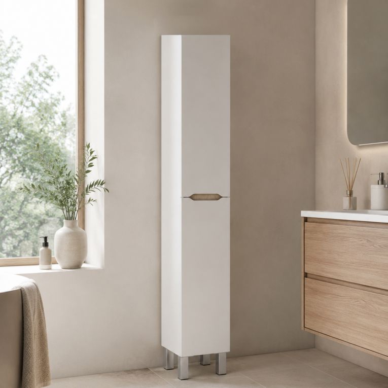 Mobile Colonna Bianco Lucido Marrone Rovere 3 Ripiani 2 Ante 30x25x182h cm, Reversibile - Trogir