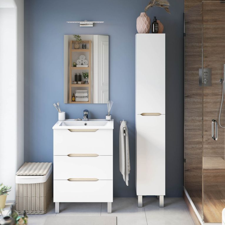 Mobile Colonna Bianco Lucido Marrone Rovere 3 Ripiani 2 Ante 30x25x182h cm, Reversibile - Trogir