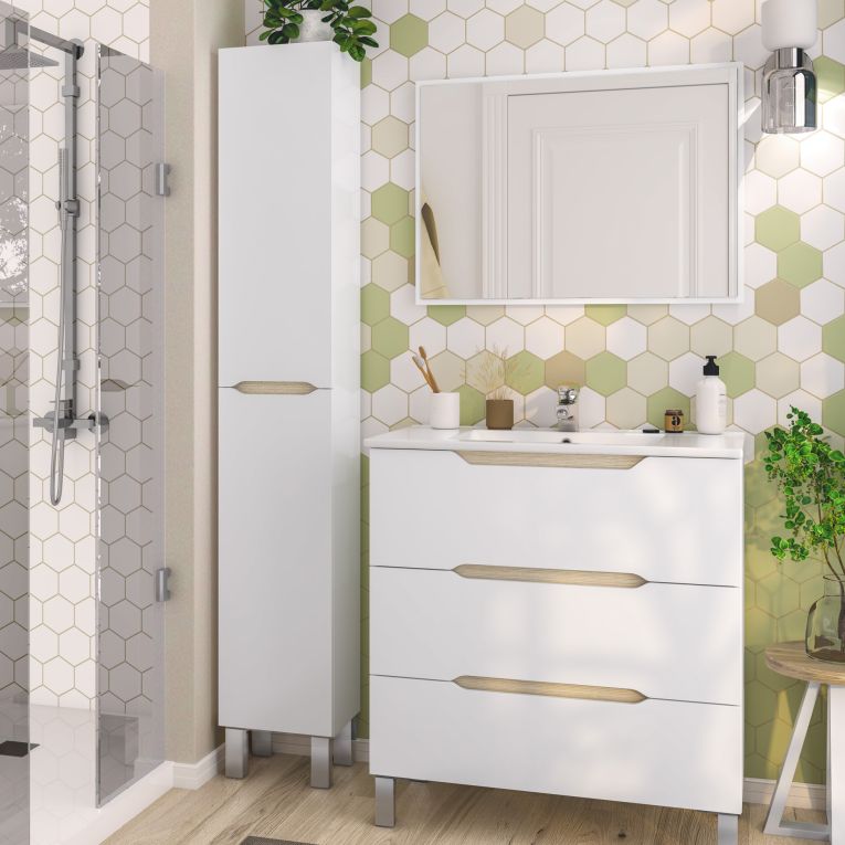 Mobile Colonna Bianco Lucido Marrone Rovere 3 Ripiani 2 Ante 30x25x182h cm, Reversibile - Trogir