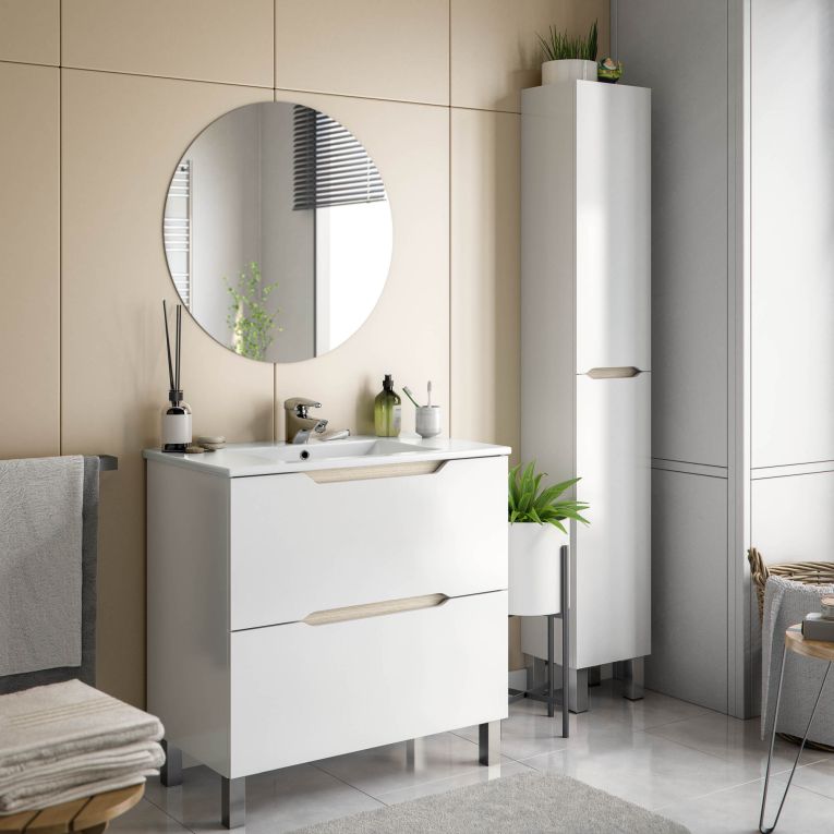 Mobile Colonna Bianco Lucido Marrone Rovere 3 Ripiani 2 Ante 30x25x182h cm, Reversibile - Trogir