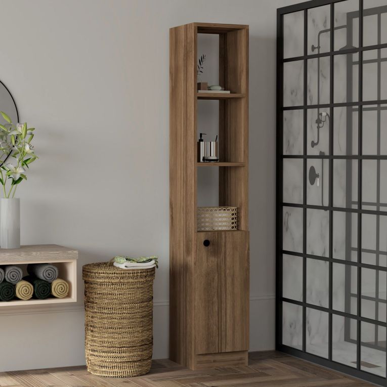 Mobile Colonna Marrone Noce 3 Ripiani Un'anta 30x30x170h cm, 5 Vani - Trivero