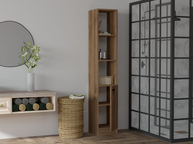 Mobile Colonna Marrone Noce 3 Ripiani Un'anta 30x30x170h cm, 5 Vani - Trivero