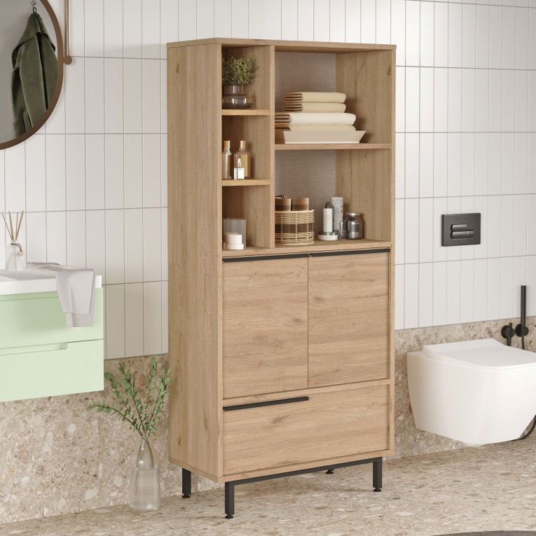 Mobile Colonna Marrone Rovere 4 Ripiani 3 Ante 75x36x162h cm, 8 Vani - Fermana