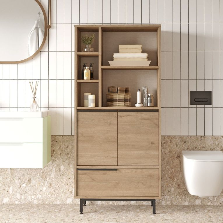 Mobile Colonna Marrone Rovere 4 Ripiani 3 Ante 75x36x162h cm, 8 Vani - Fermana