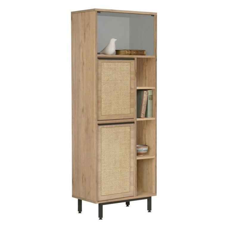 Mobile Colonna Marrone Rovere 7 Ripiani 2 Ante 60x36x162h cm, Ante Effetto Paglia di Vienna - Civate