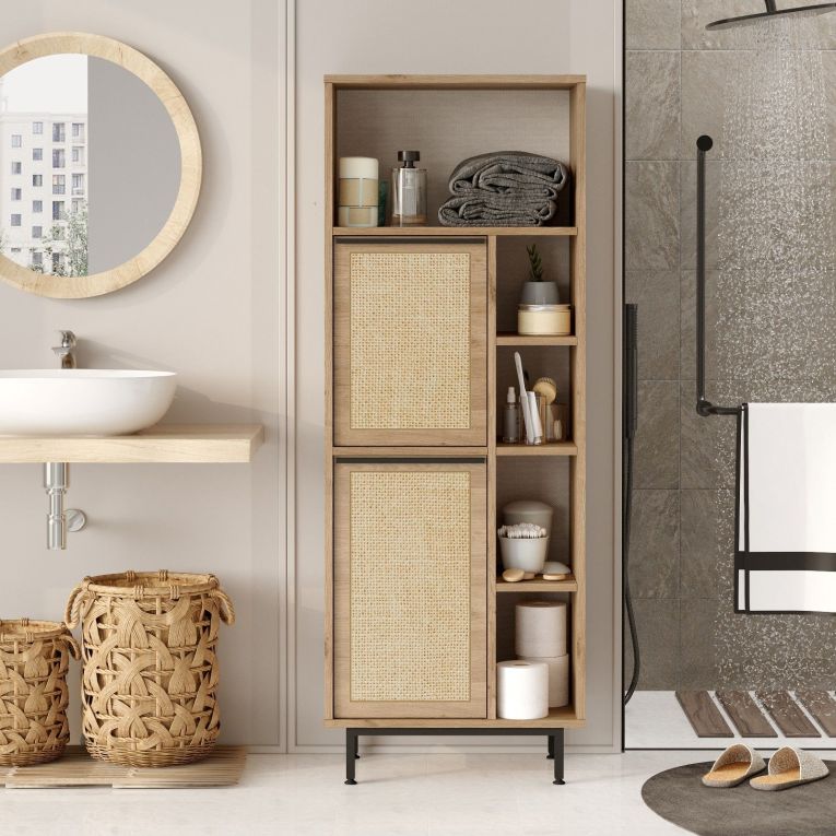 Mobile Colonna Marrone Rovere 7 Ripiani 2 Ante 60x36x162h cm, Ante Effetto Paglia di Vienna - Civate