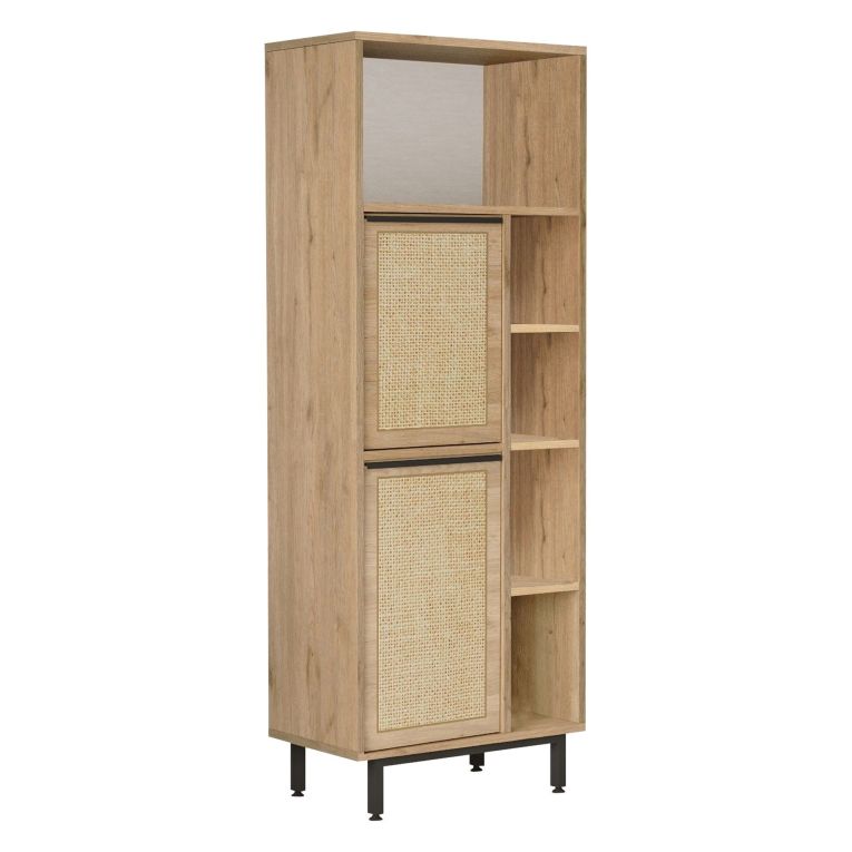 Mobile Colonna Marrone Rovere 7 Ripiani 2 Ante 60x36x162h cm, Ante Effetto Paglia di Vienna - Civate